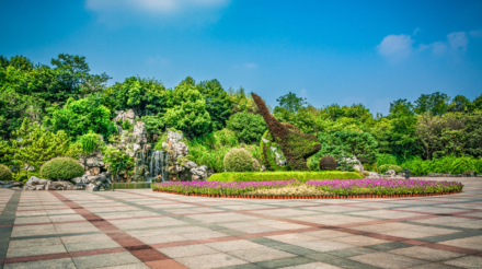 public square with empty road floor in downtown
