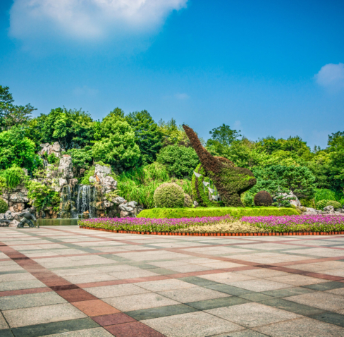 public square with empty road floor in downtown